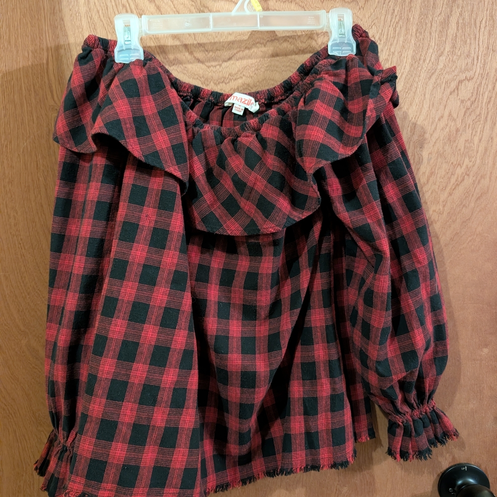 Mazik Red and Black Plaid Off-Shoulder Top